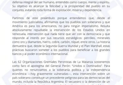 Comunicado de las 62 organizaciones peronistas de La Matanza por la situación en Venezuela