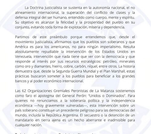 Comunicado de las 62 organizaciones peronistas de La Matanza por la situación en Venezuela