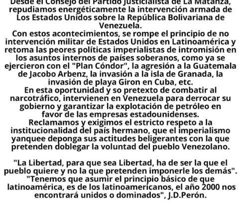 Comunicado del Pj de La Matanza en repudio al ataque de Estados Unidos en Venezuela